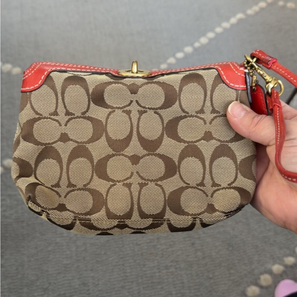 Coach Tan and Red Signature Wristlet